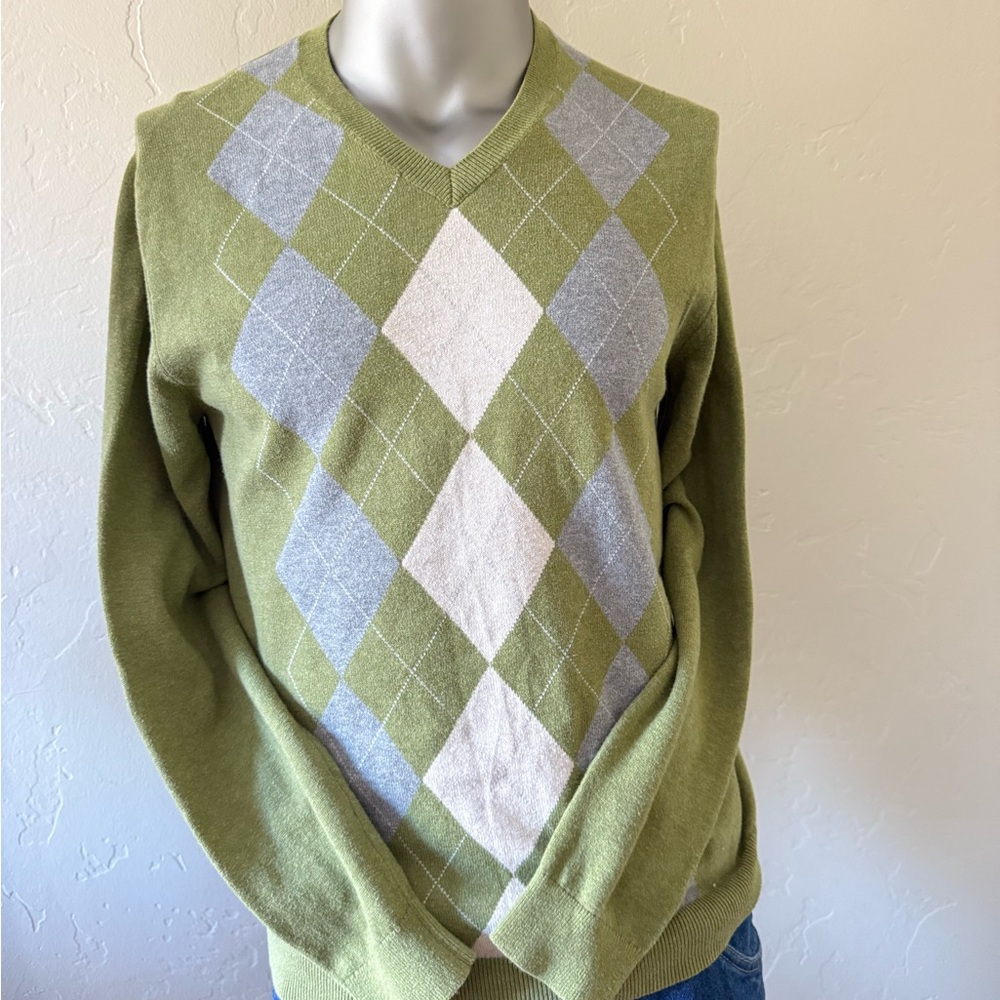 Banana Republic Green & Gray Argyle V-Neck Preppy Cotton Sweater